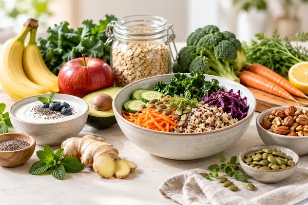 Frutas, verduras, avena y semillas sobre una mesa: alimentos con vitamina C y proteína