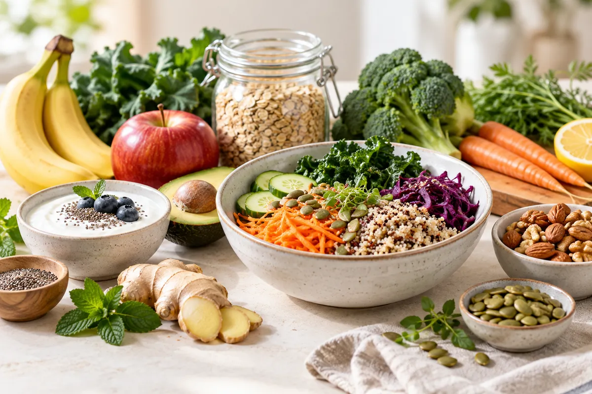 Frutas, verduras, avena y semillas sobre una mesa: alimentos con vitamina C y proteína