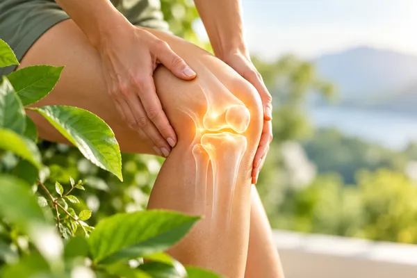 Mujer sujetando su rodilla con la articulación iluminada, al aire libre