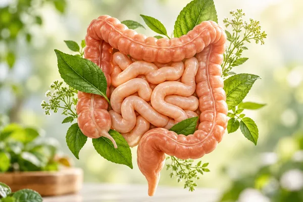 Ilustración del intestino rodeado de hojas verdes