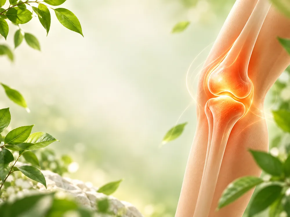 Ilustración de la articulación de la rodilla entre hojas verdes