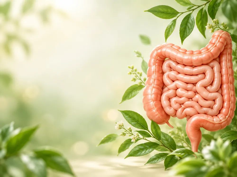 Ilustración del intestino entre hojas verdes