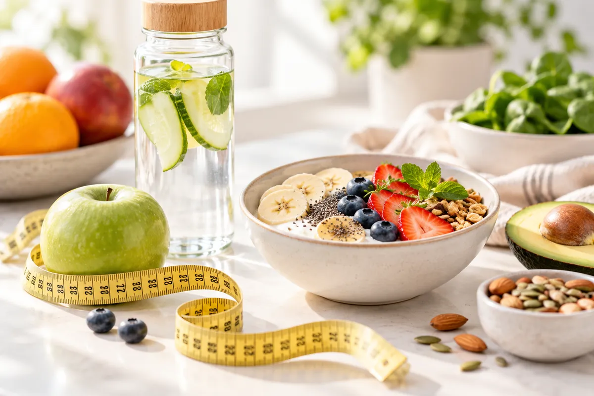 Manzana verde, cinta métrica, agua con pepino y un tazón con fruta y semillas