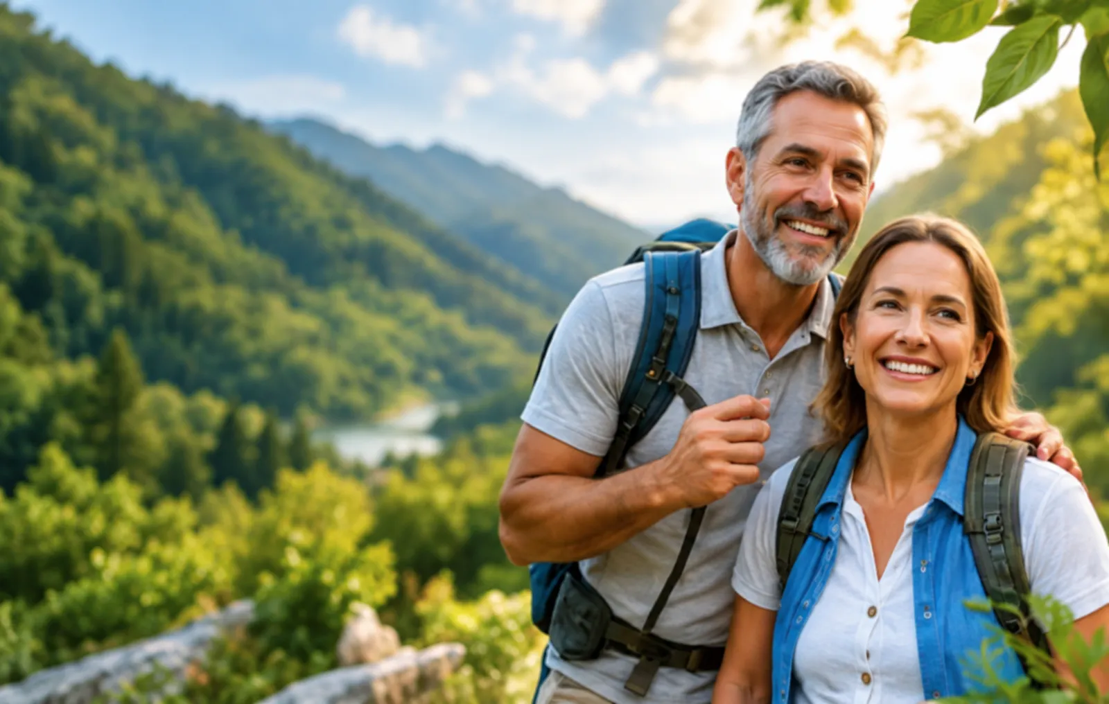 Pareja sonriente de excursión en la montaña
